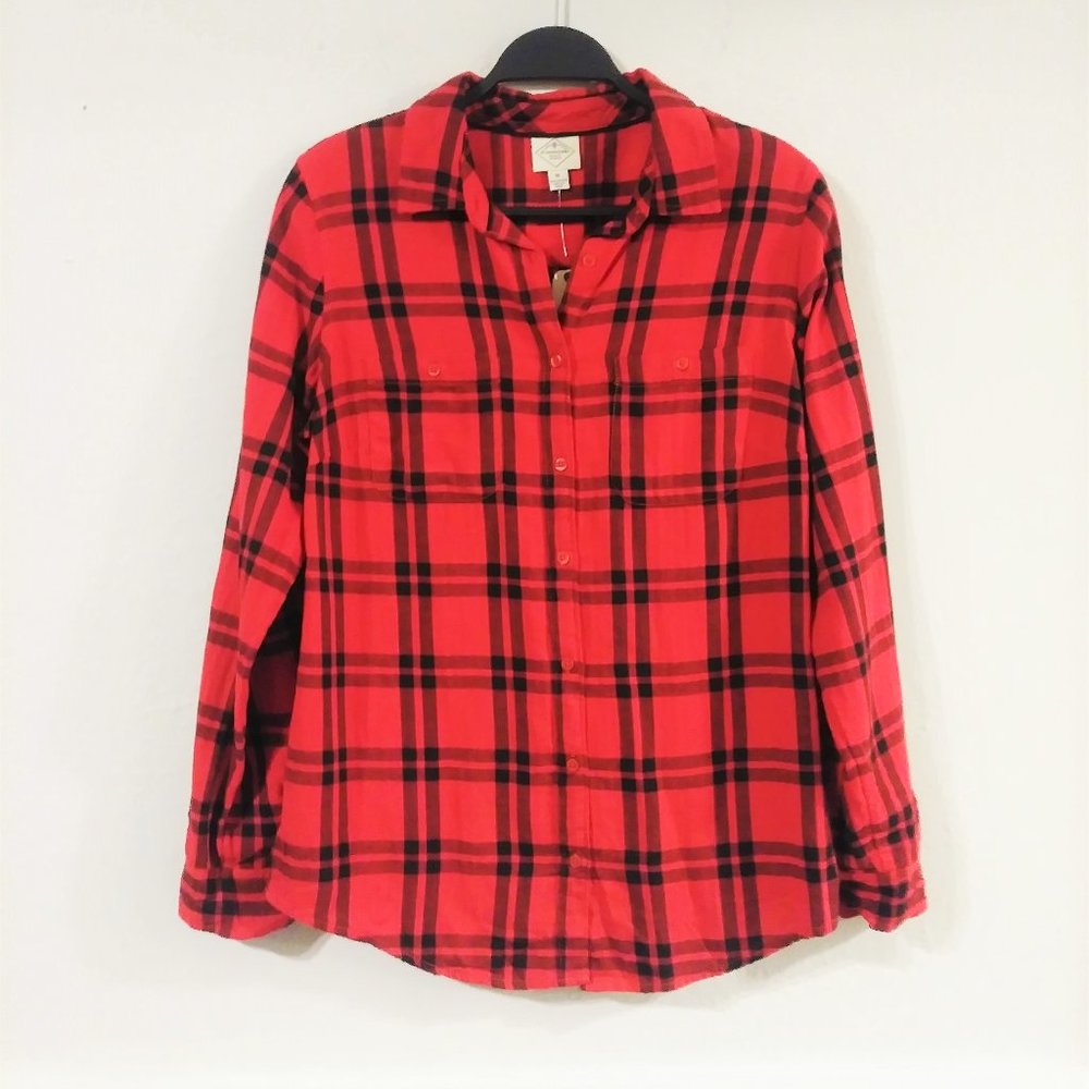 St Johns Bay Red Black Plaid Long Sleeve Button Up Shirt Women's Medium Cotton